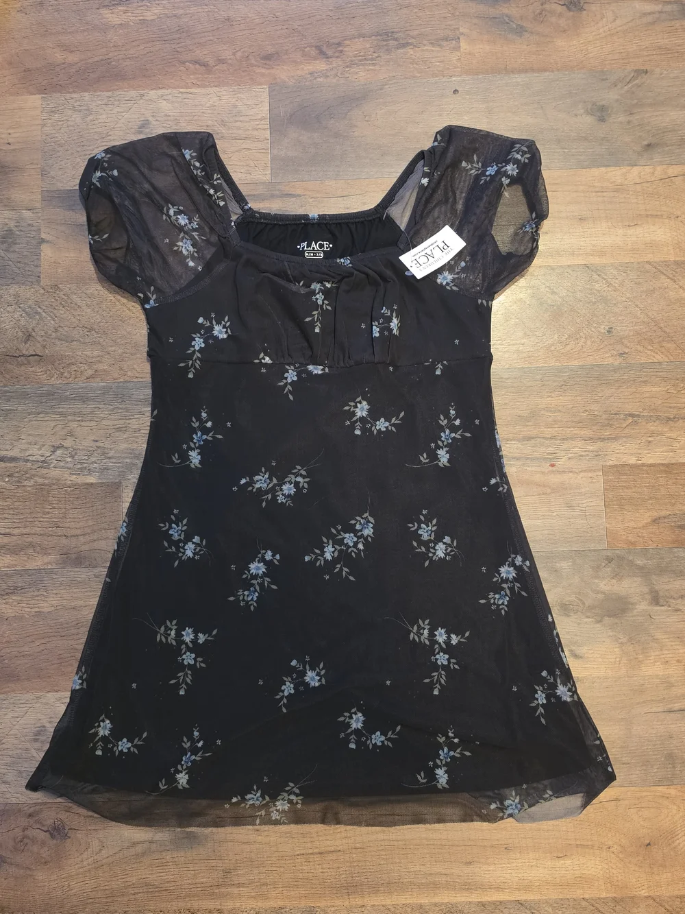 The Children's Place Black Mesh Dress with Blue Floral Print